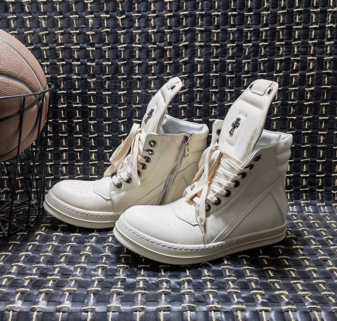RICK OWENS CHROME HEARTS GEOBASKET HIGHT BLACK WHITE SNEAKERS
