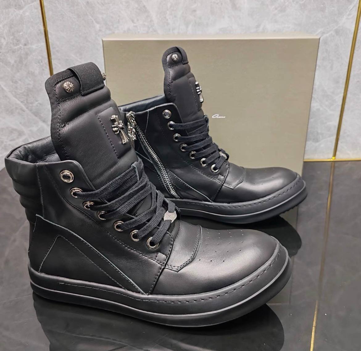 RICK OWENS CHROME HEARTS GEOBASKET HIGHT BLACK WHITE SNEAKERS