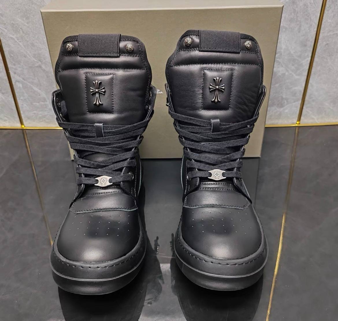 RICK OWENS CHROME HEARTS GEOBASKET HIGHT BLACK WHITE SNEAKERS