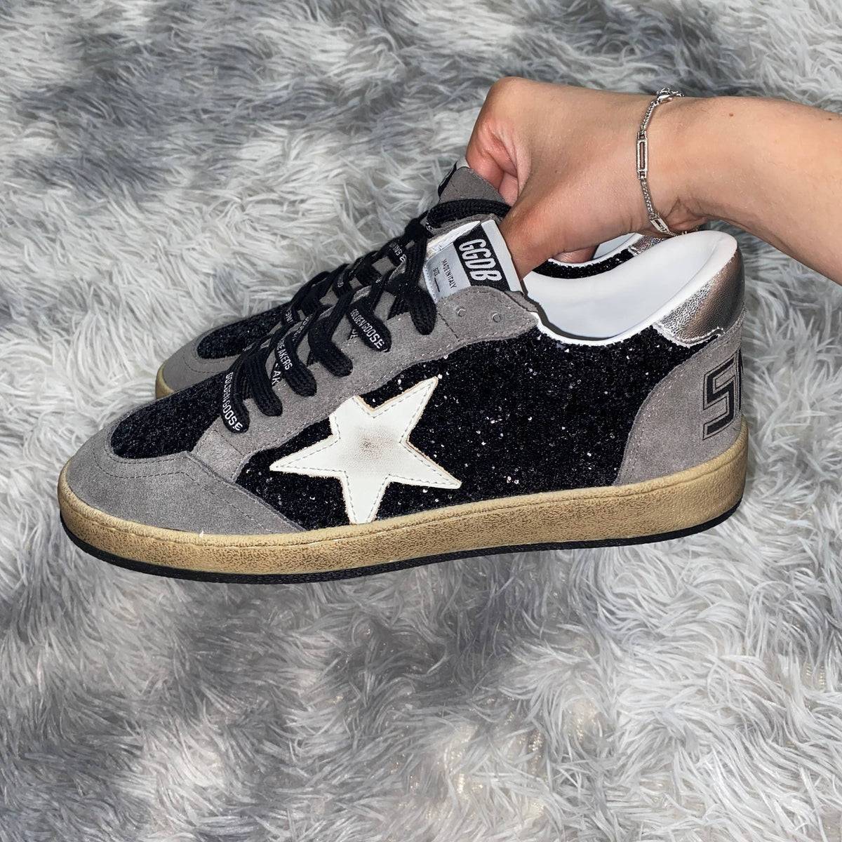 GOLDEN GOOSE BALL STAR IN GLITTER WITH LEATHER STAR SNEAKERS