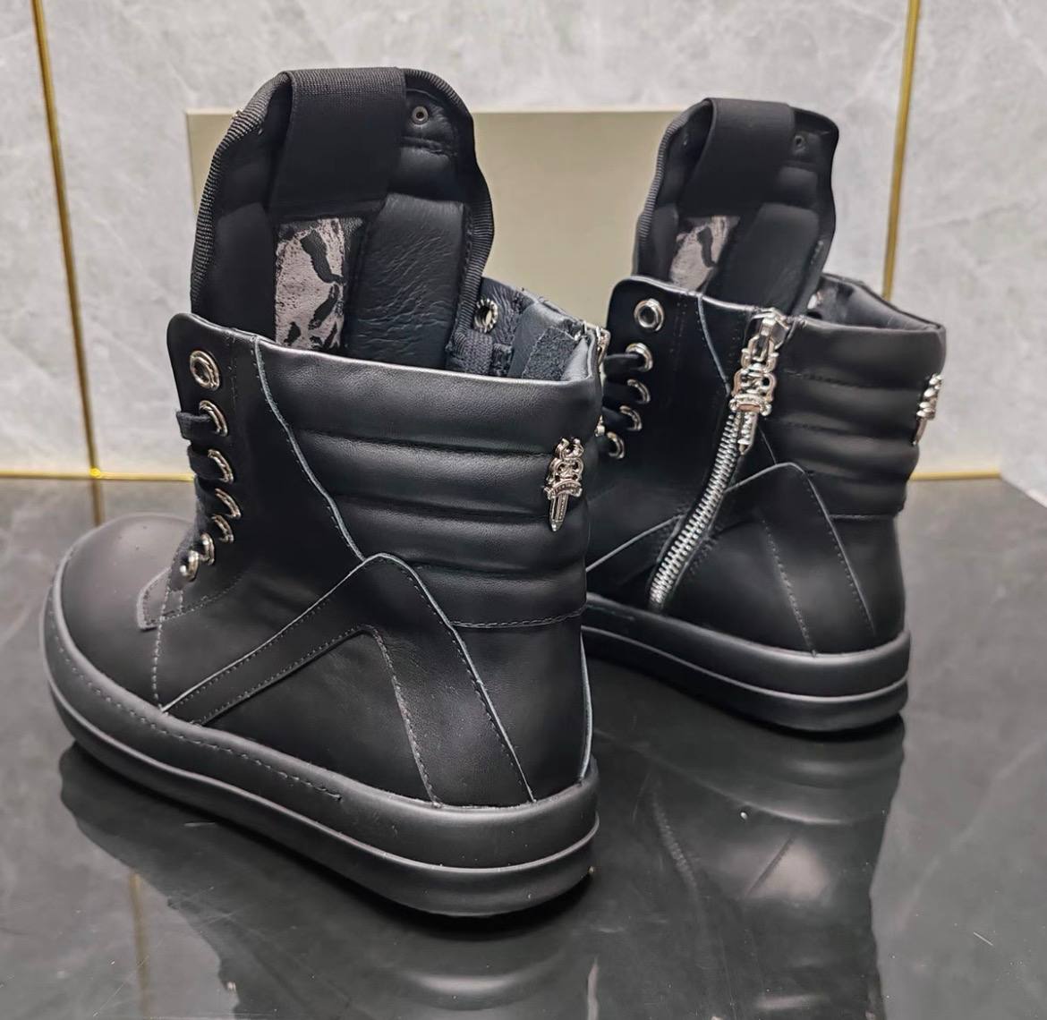 RICK OWENS CHROME HEARTS GEOBASKET HIGHT BLACK WHITE SNEAKERS