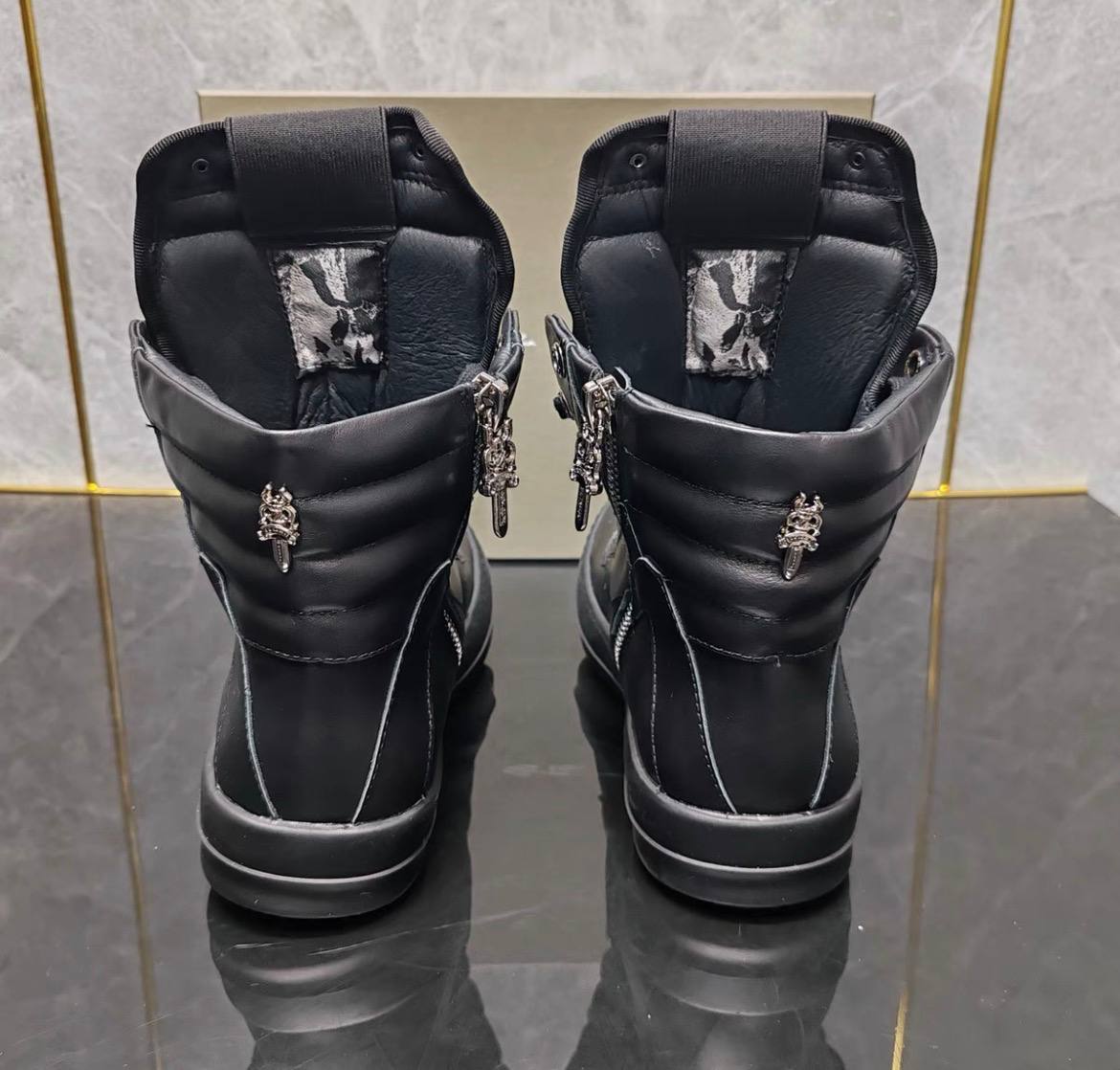 RICK OWENS CHROME HEARTS GEOBASKET HIGHT BLACK WHITE SNEAKERS