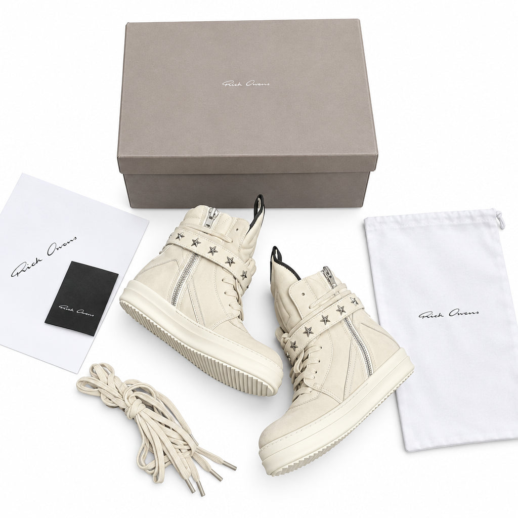 RICK OWENS GEOBASKET STAR STRAP MILK SUEDE SNEAKERS