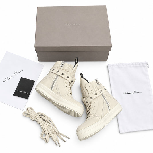RICK OWENS GEOBASKET STAR STRAP MILK SUEDE SNEAKERS