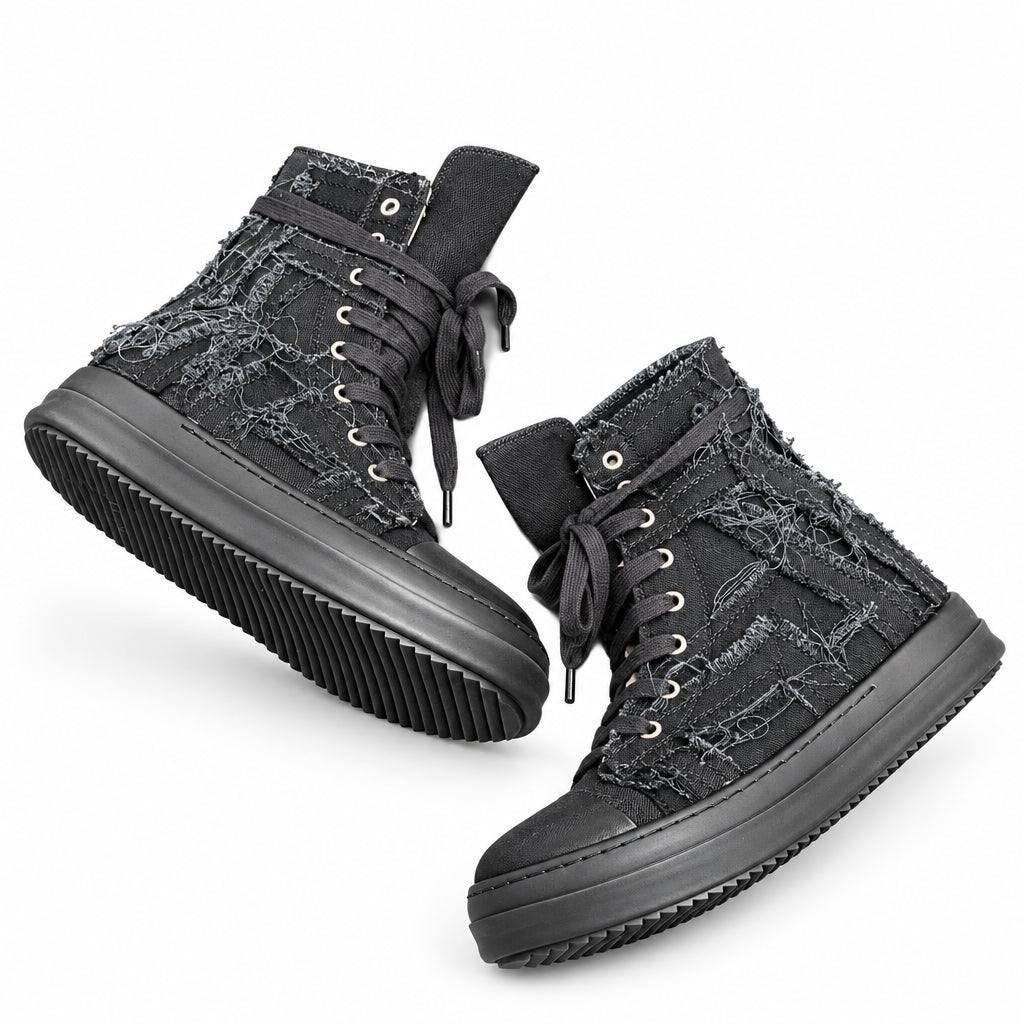 RICK OWENS DRKSHDW FRAYED DENIM HIGH-TOP SNEAKERS