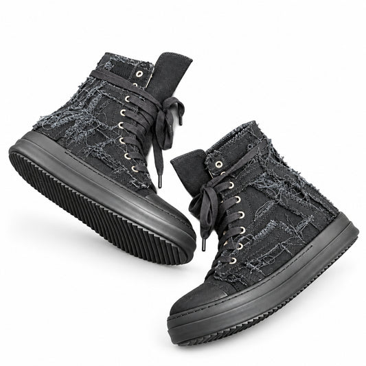 RICK OWENS DRKSHDW FRAYED DENIM HIGH-TOP SNEAKERS