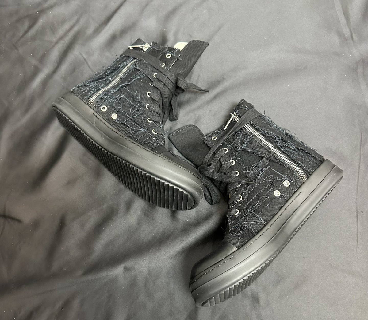 RICK OWENS DRKSHDW FRAYED DENIM HIGH-TOP SNEAKERS