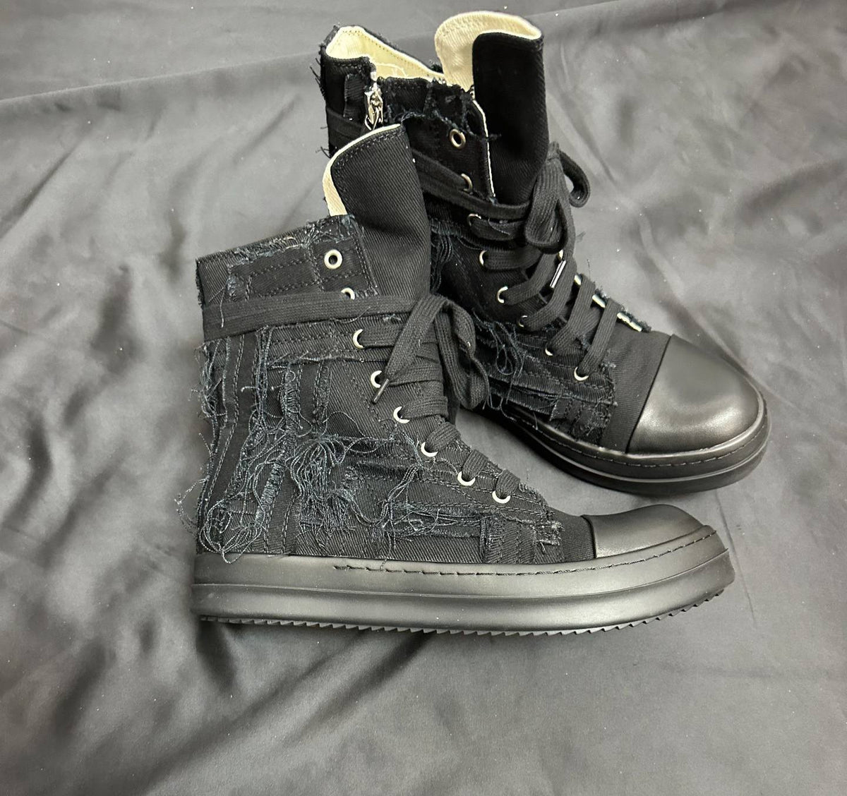 RICK OWENS DRKSHDW FRAYED DENIM HIGH-TOP SNEAKERS
