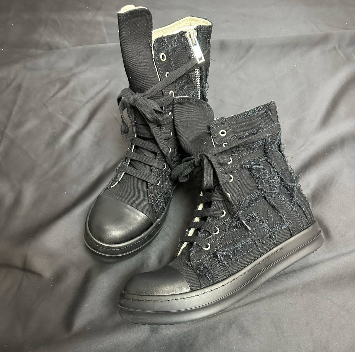 RICK OWENS DRKSHDW FRAYED DENIM HIGH-TOP SNEAKERS