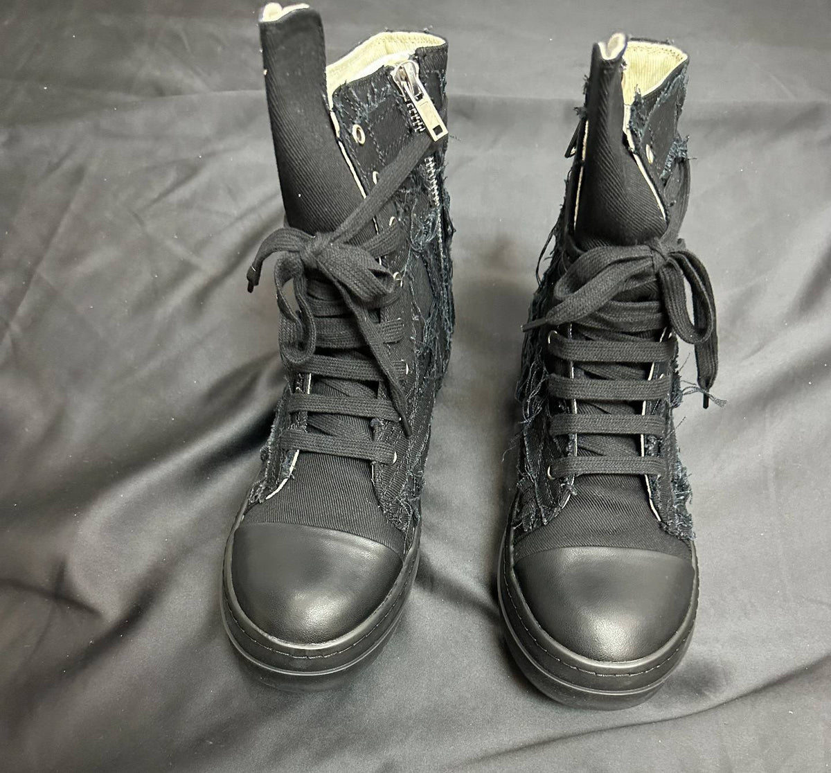 RICK OWENS DRKSHDW FRAYED DENIM HIGH-TOP SNEAKERS
