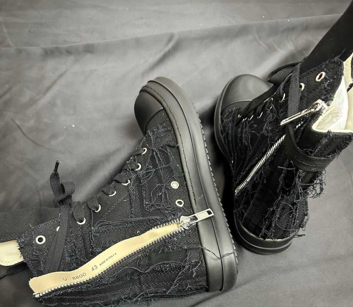 RICK OWENS DRKSHDW FRAYED DENIM HIGH-TOP SNEAKERS